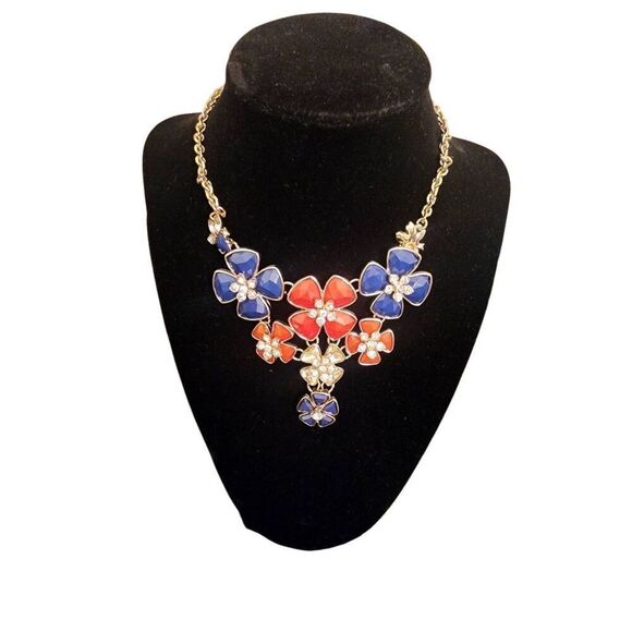 The limited NWT statement floral necklace blue and tangerine  gold tone - Picture 1 of 6